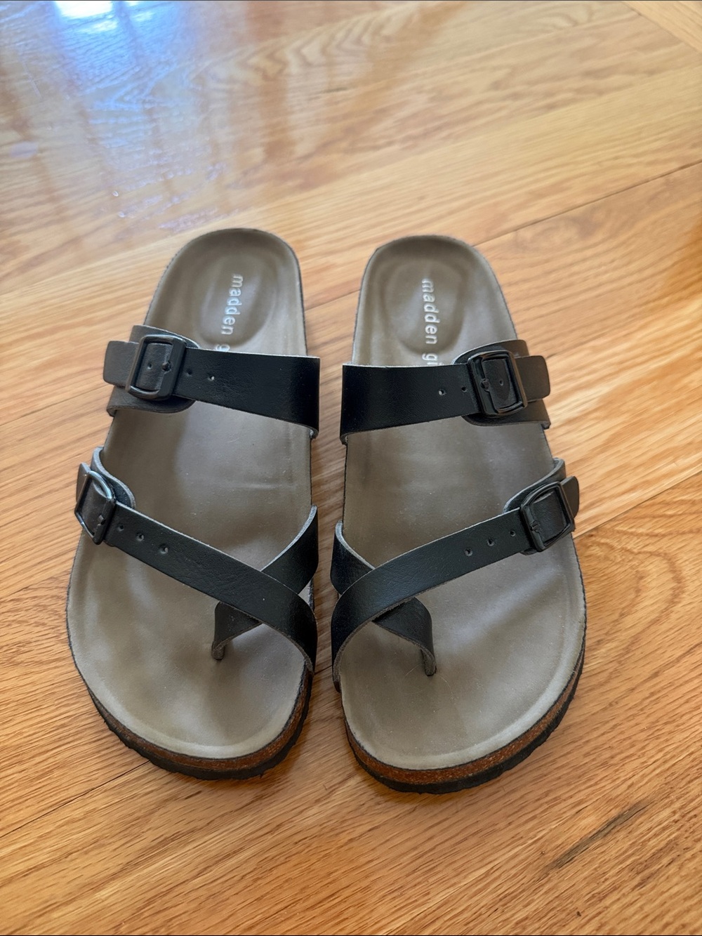 Madden Girl Black Double-Strap Buckle Slide Sandals